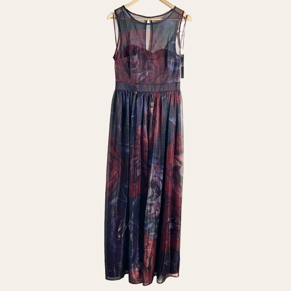 Nicole Miller Metallic Wine Floral Print Sleeveless Illusion Formal Maxi Dress 6
